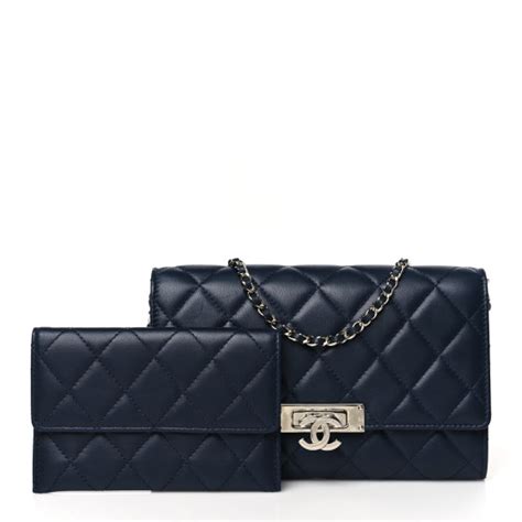 CHANEL Lambskin Quilted Golden Class Clutch with Chain Navy 